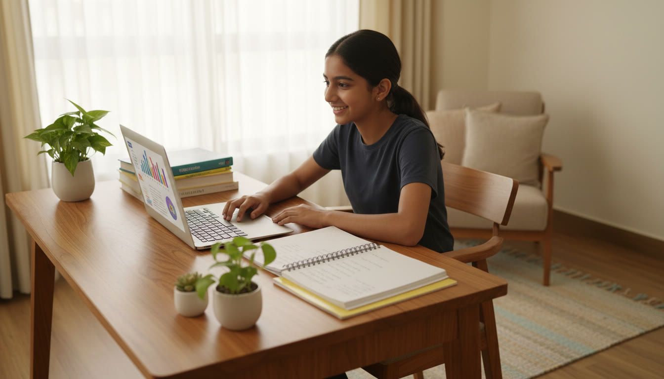 Photo Idea : A focused student studying at a tidy desk with textbooks, notes, and a laptop, smiling confidently