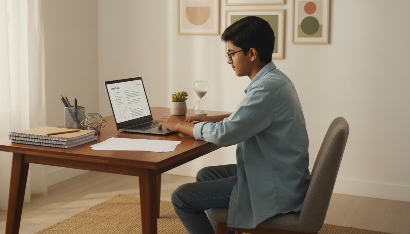 Photo Idea : A focused student at a desk with neatly arranged notebooks, a laptop showing practice problems, and a timer ticking