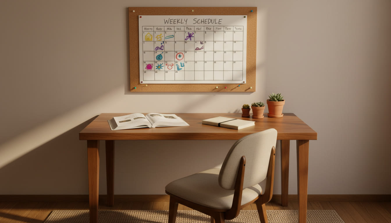 Photo Idea : A hand-drawn weekly timetable pinned above a study desk with textbooks and a planner