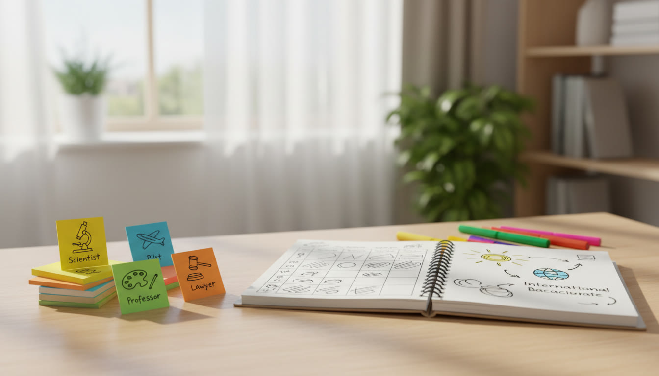 Photo Idea : A small stack of sticky notes with short career ideas written on them, next to an open notebook showing a weekly plan
