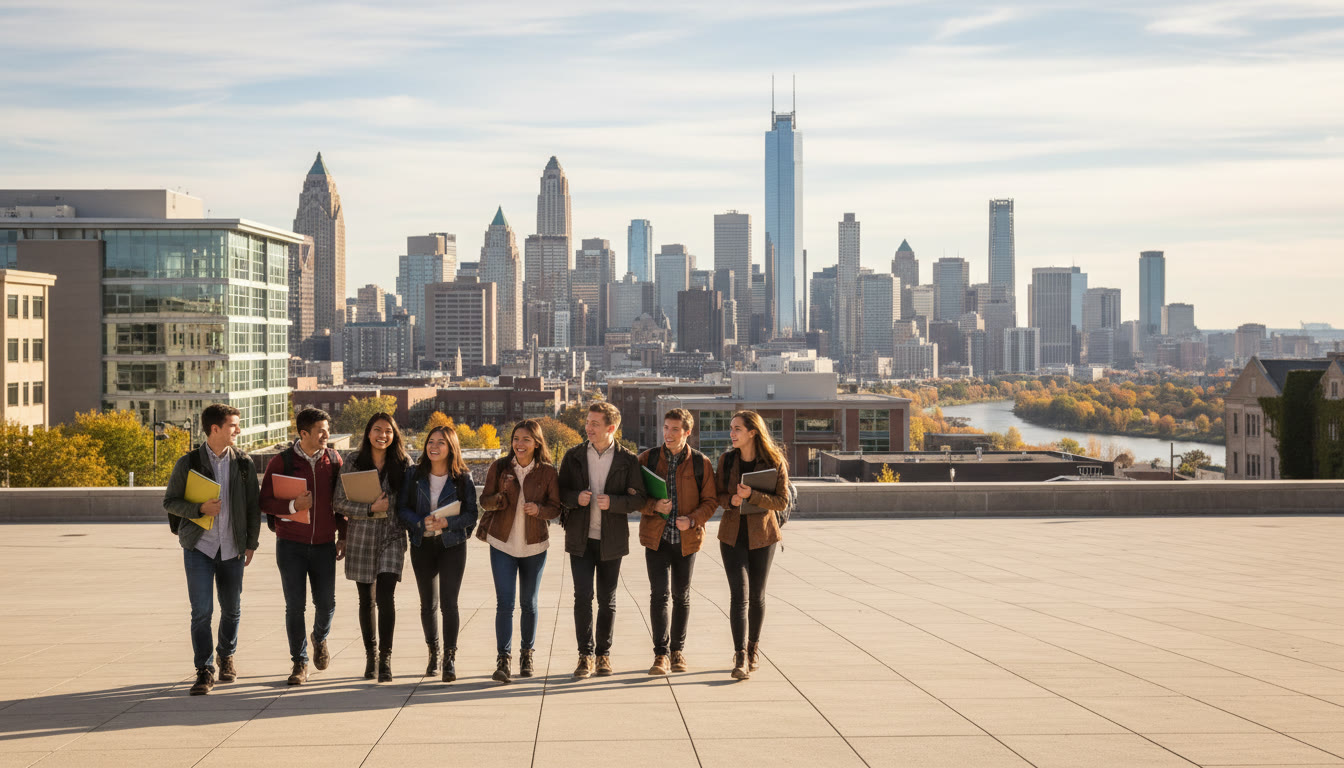 Photo Idea : IB students walking across a modern university campus plaza with city skyline in the background