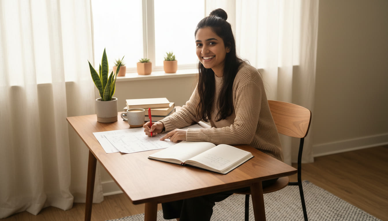 Photo Idea : Student reviewing mock answer sheet with pen and open notebook