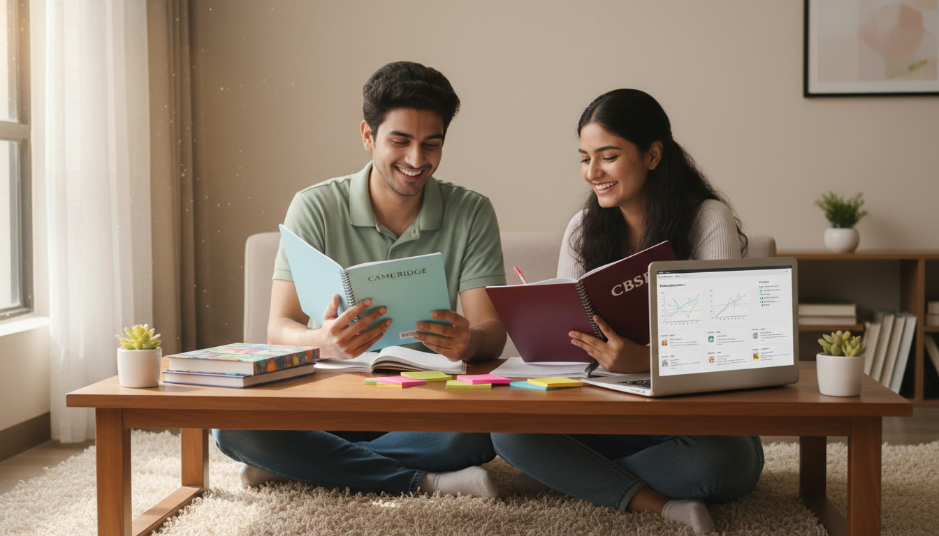Photo Idea : Two students comparing Cambridge and CBSE notebooks at a study table with textbooks, sticky notes and a laptop open to practice questions.