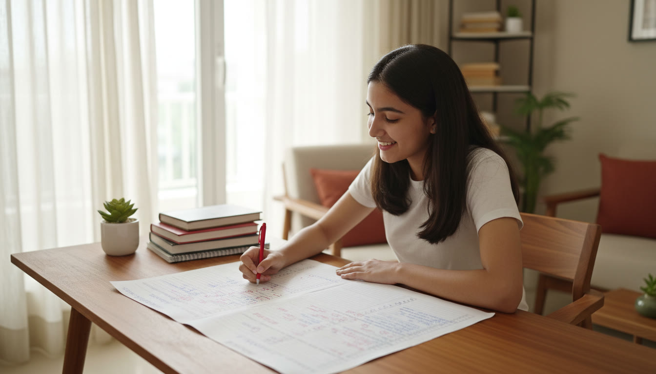 Photo Idea : A student reviewing a full-length mock paper with annotated corrections and a pen in hand