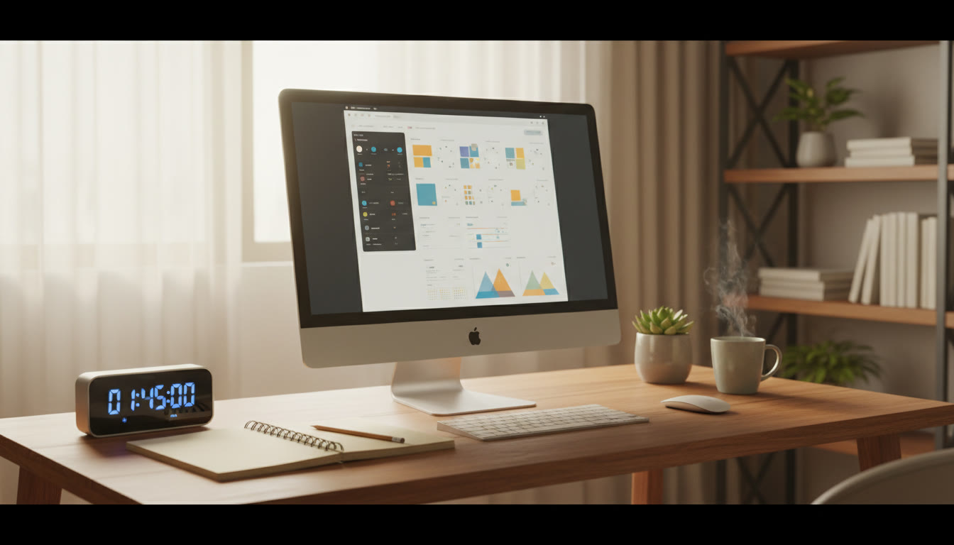 Photo Idea : A calm study desk with a timer, opened notebook, and a computer screen showing a mock test interface