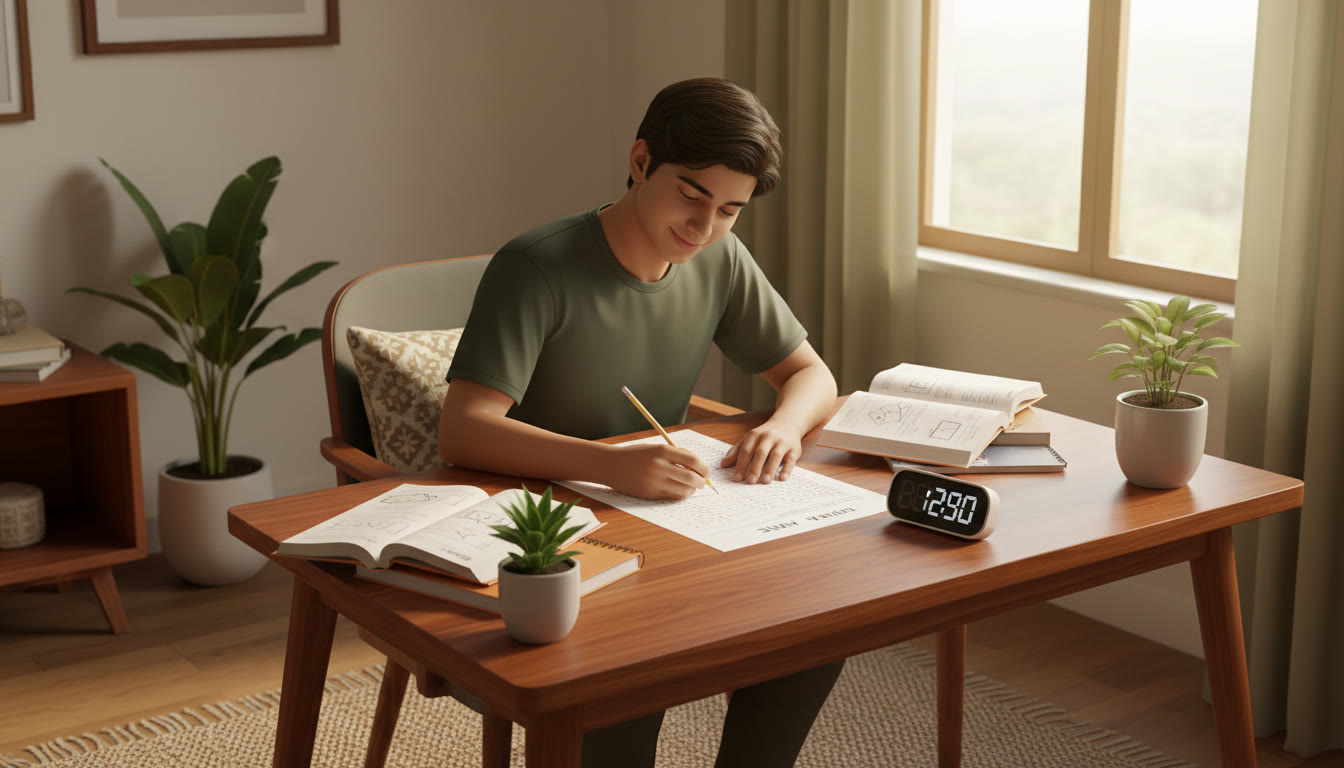 Photo Idea : a focused student calmly filling an OMR sheet with a timer and open notes on the desk