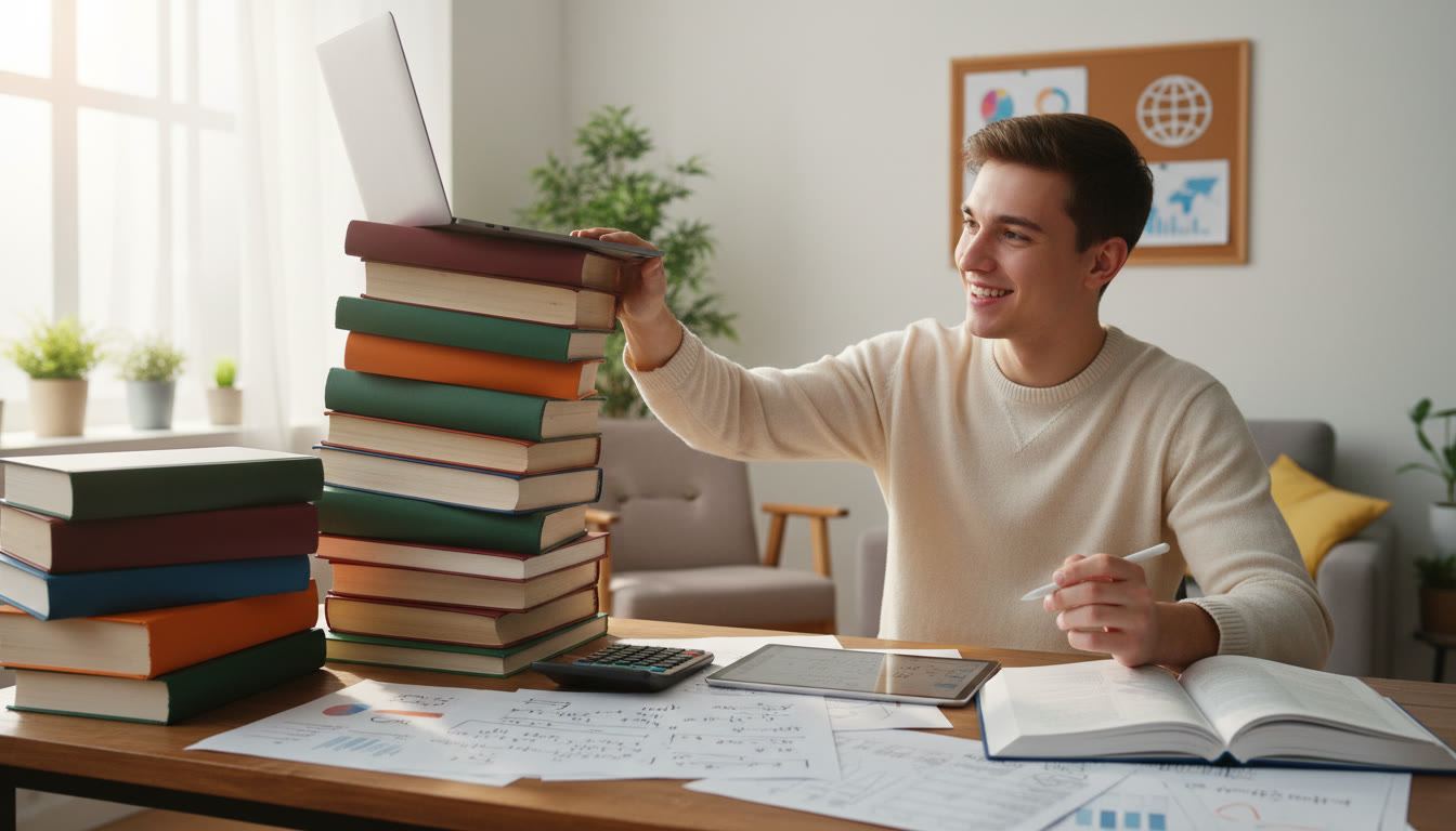 Photo Idea : Student at a desk balancing a stack of textbooks and a laptop, smiling while solving a complex math problem