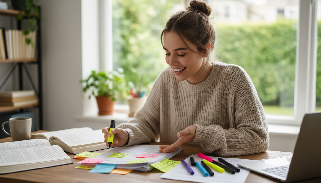 Photo Idea : Student at a desk revising a printed IA with color-coded sticky notes