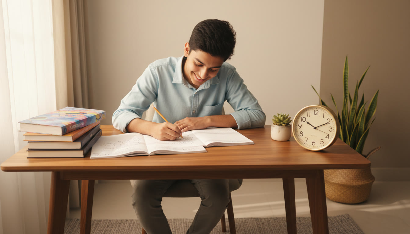 Photo Idea : A focused student at a tidy study desk with textbooks, a notebook of solved problems, and an analog clock showing study time.