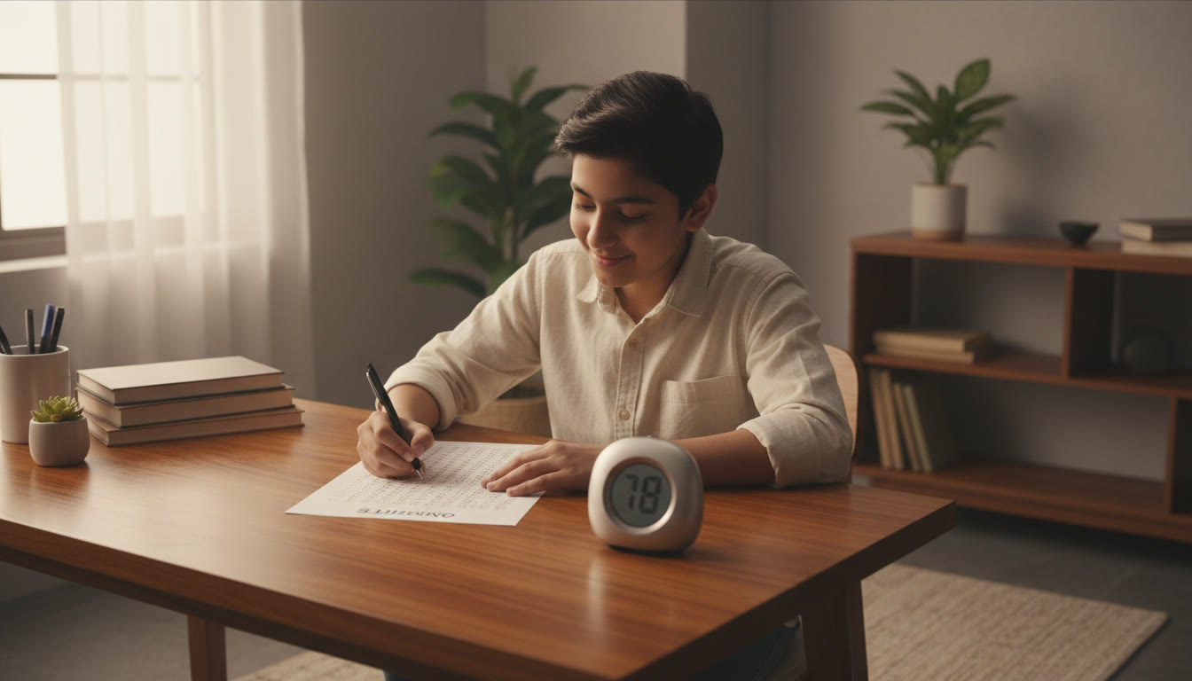 Photo Idea : A student calmly marking answers on an OMR practice sheet at a desk with a timer nearby.