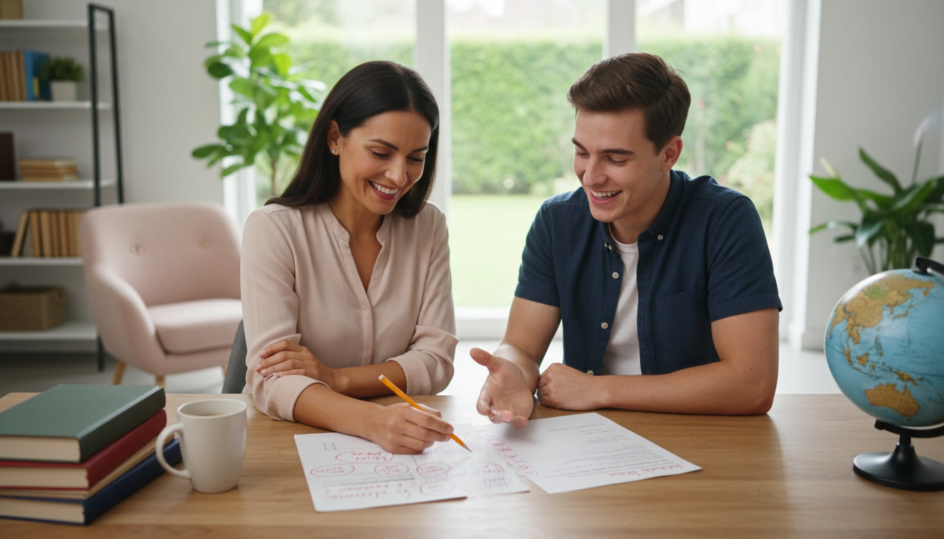 Photo Idea : A tutor and student reviewing a marked DBQ paper together at a table