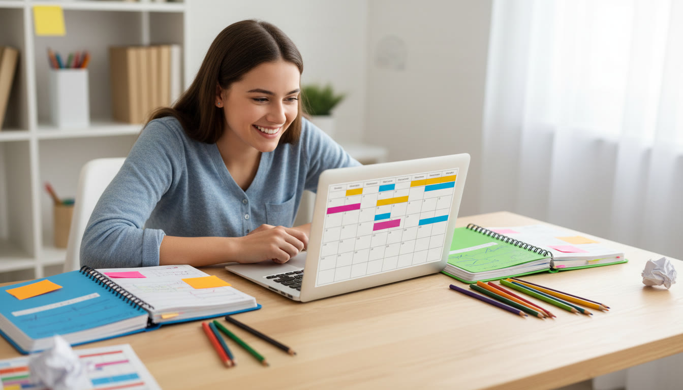 Photo Idea : A student at a desk with color-coded planners, sticky notes and a laptop open to a study calendar