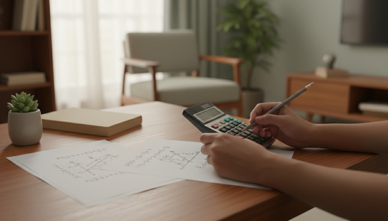Photo Idea : A close-up of hands solving a physics numerical on paper with a calculator and annotated diagram