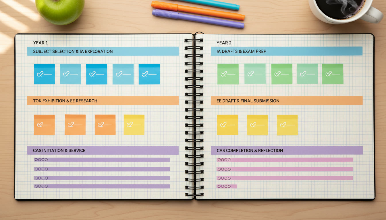 Photo Idea : A clean, color-coded two-year planner spread with sticky notes and checklists for IB milestones