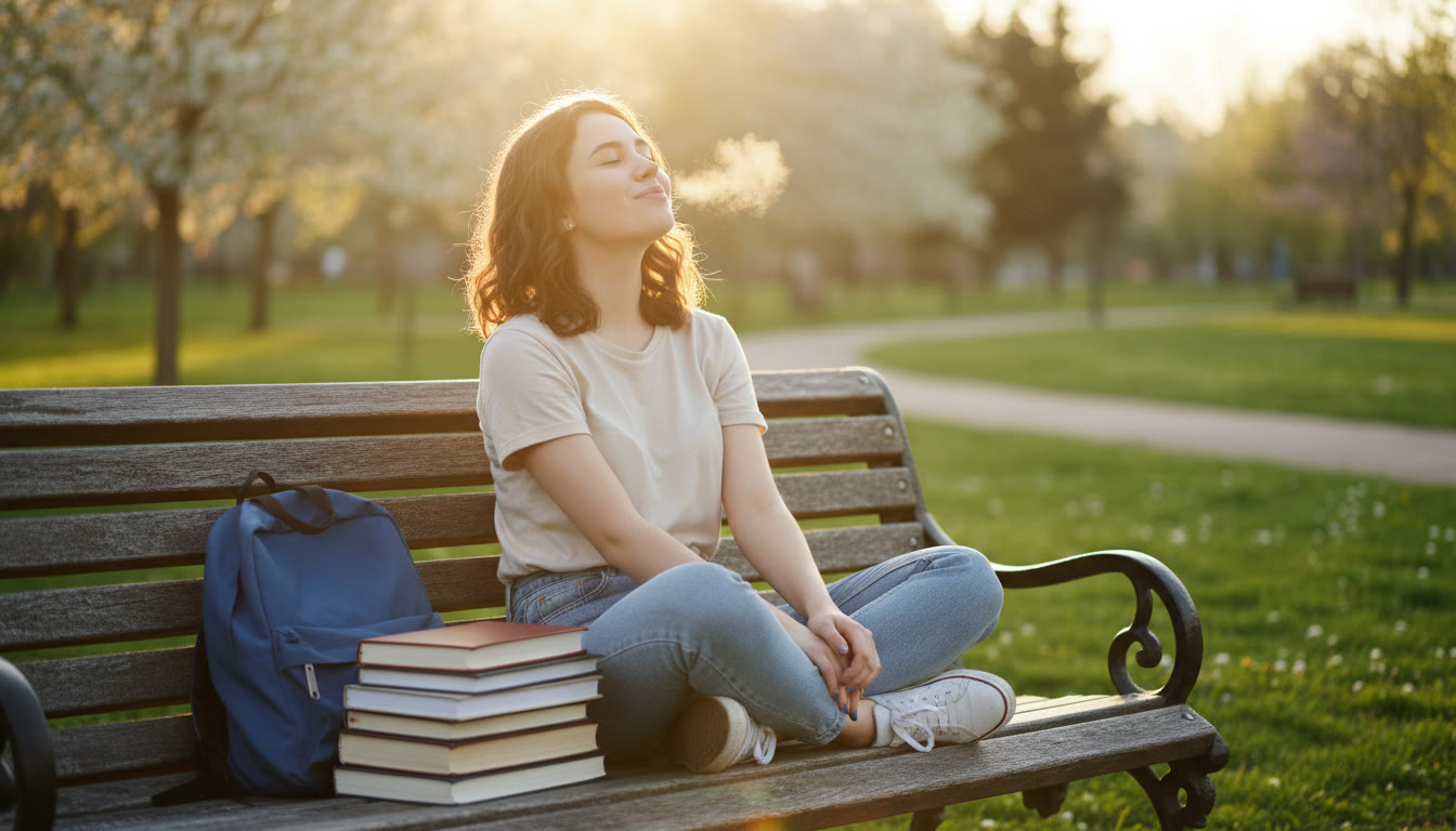 Photo Idea : Student sitting on a sunny bench with closed textbooks, smiling and exhaling