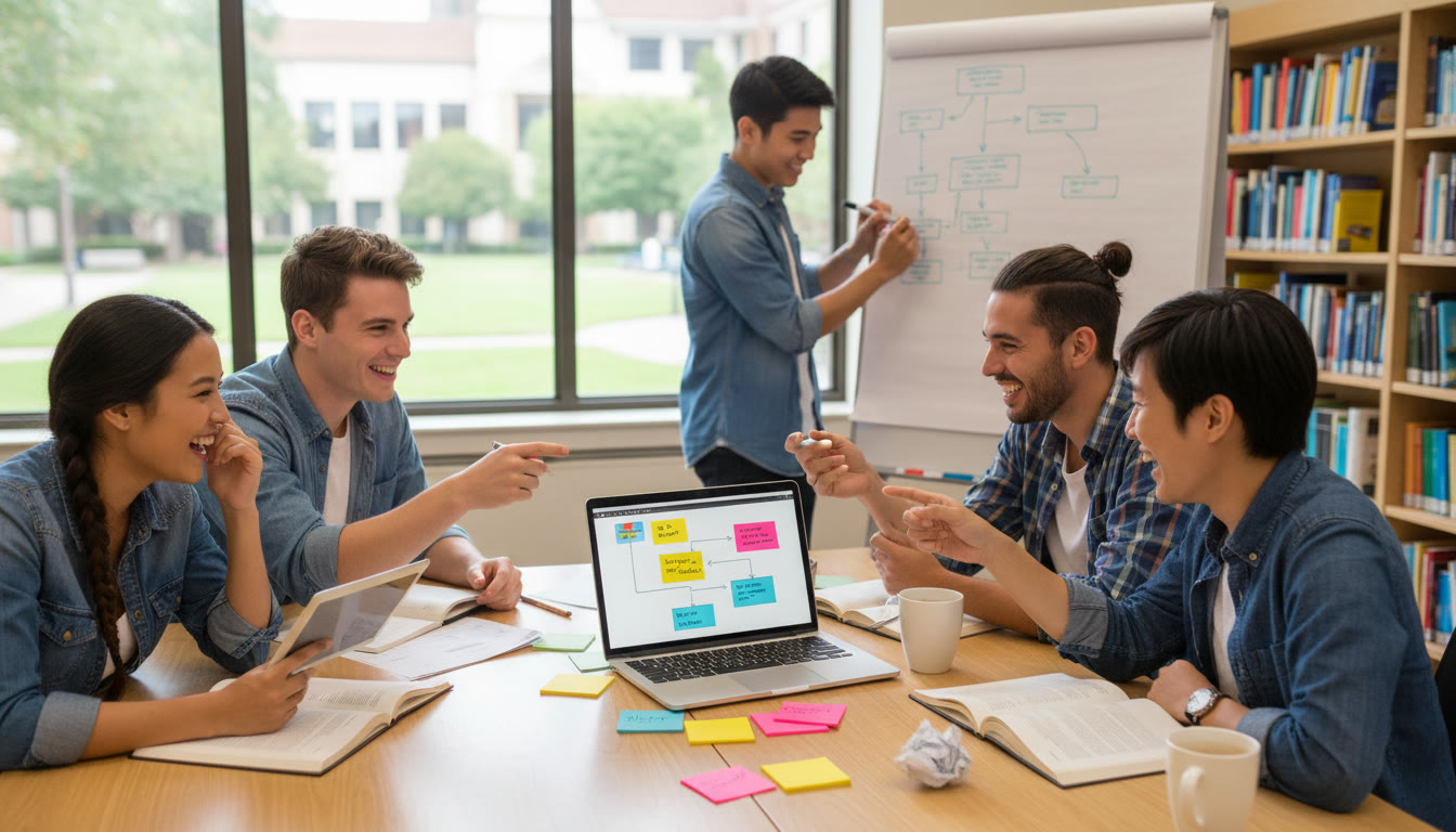 Photo Idea : Students collaborating around a table with a laptop, sticky notes, and a whiteboard labeled 