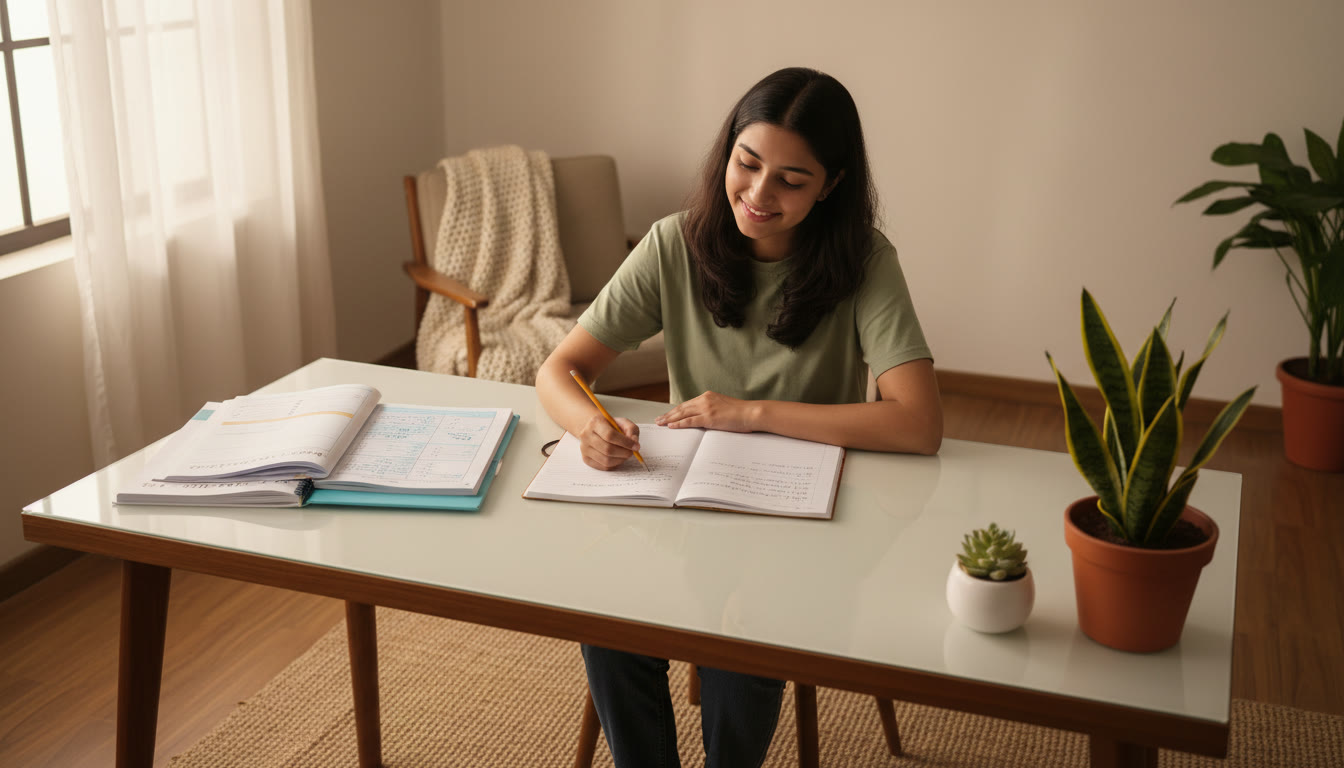 Photo Idea : A calm student checking answers on a desk with a neat error log open beside a mock test