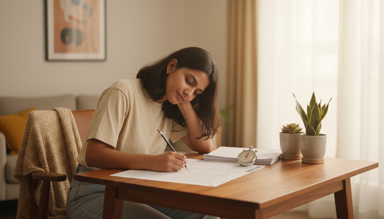 Photo Idea : A student taking a timed mock test at a table with a stopwatch and OMR sheet