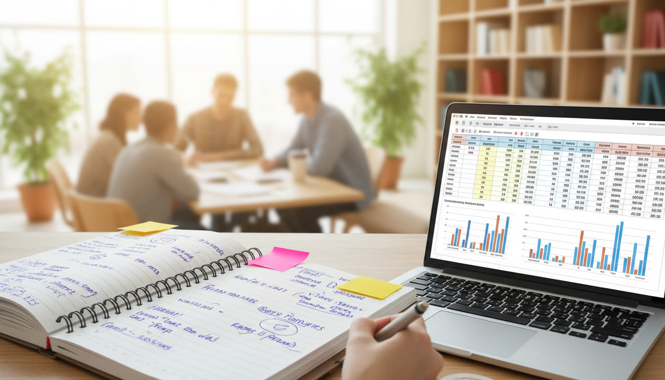 Photo Idea : Close-up of handwritten project logbook beside a laptop with spreadsheet
