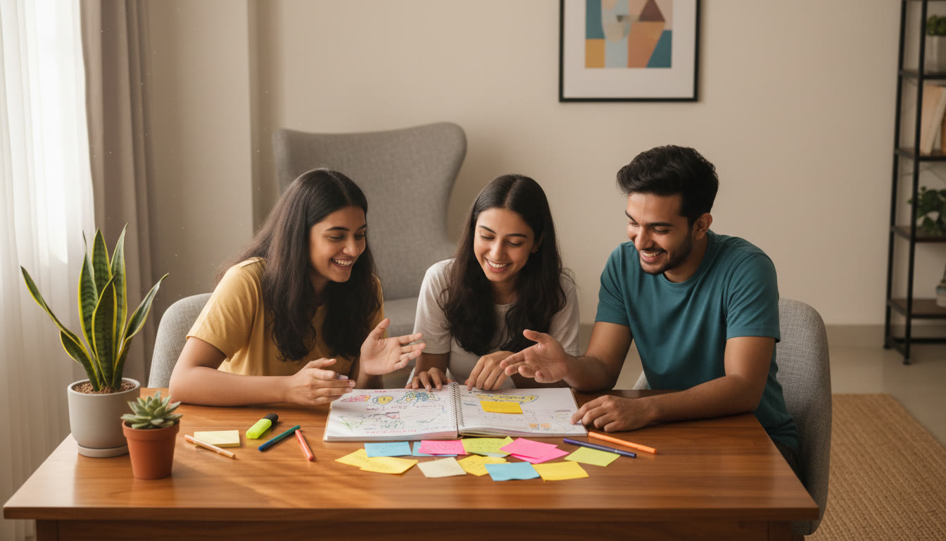 Photo Idea : A small study group reviewing a mock test error log and colorful sticky notes on a desk