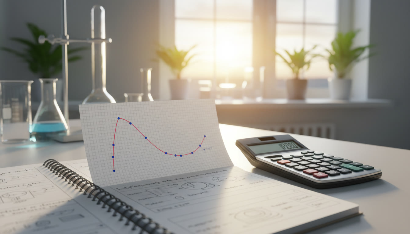 Photo Idea : Close-up of a graph with plotted titration points and a neat best-fit line, with a calculator and lab notebook beside it