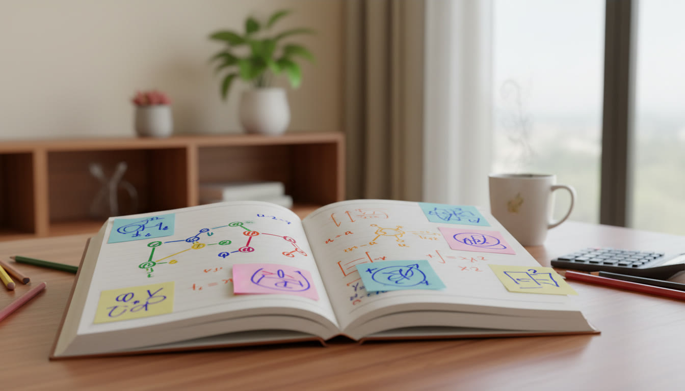 Photo Idea : Close-up of a student’s notebook with colorful diagrams, annotated equations, and sticky notes marking core concepts