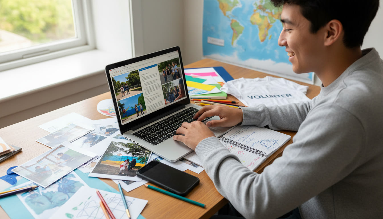 Photo Idea : A student arranging CAS evidence on a laptop, with printouts, phone photos and a notebook around