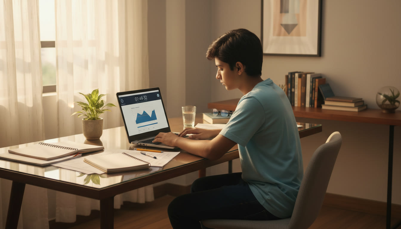 Photo Idea : A focused student at a desk taking a full-length mock on a laptop with a visible countdown timer and scattered notebooks.