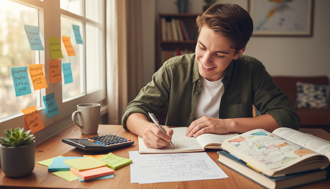 Photo Idea : Student writing calculations at a desk with a graphing calculator and colourful notes