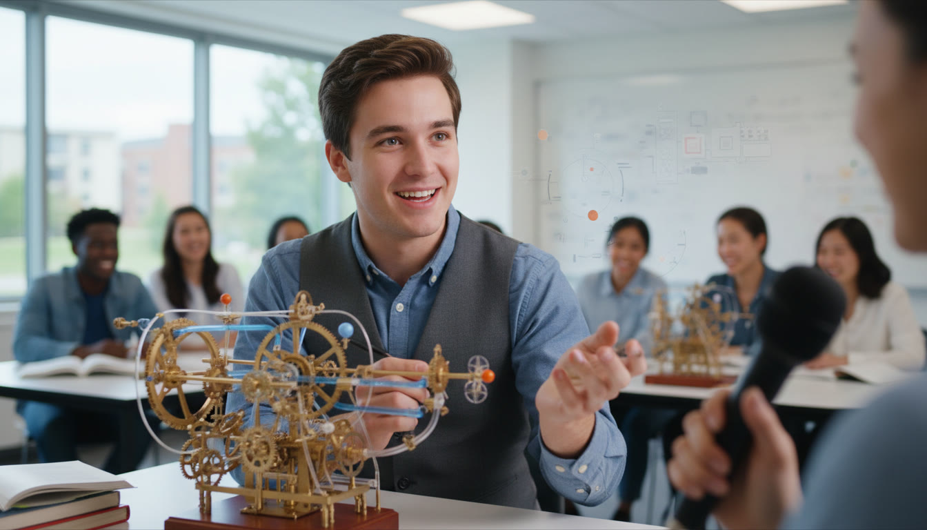 Photo Idea : Close-up of an IB student explaining a mechanical model during an interview-style mock session