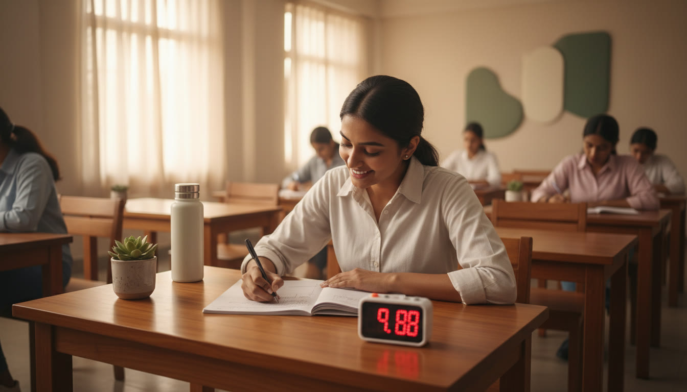 Photo Idea : Student writing an answer in an exam hall with a neat layout and a timer visible