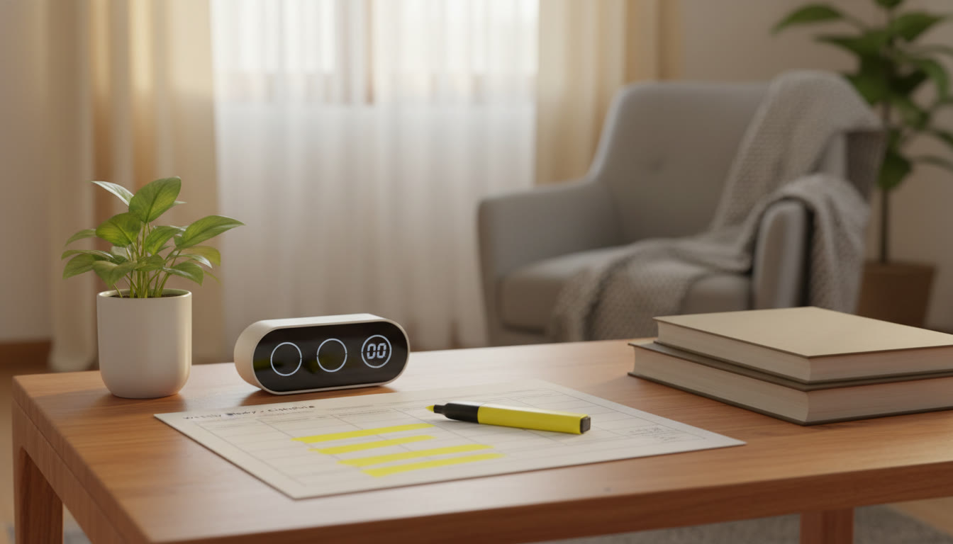 Photo Idea : A table with a weekly plan printed out and a timer beside it, a highlighter marking priorities