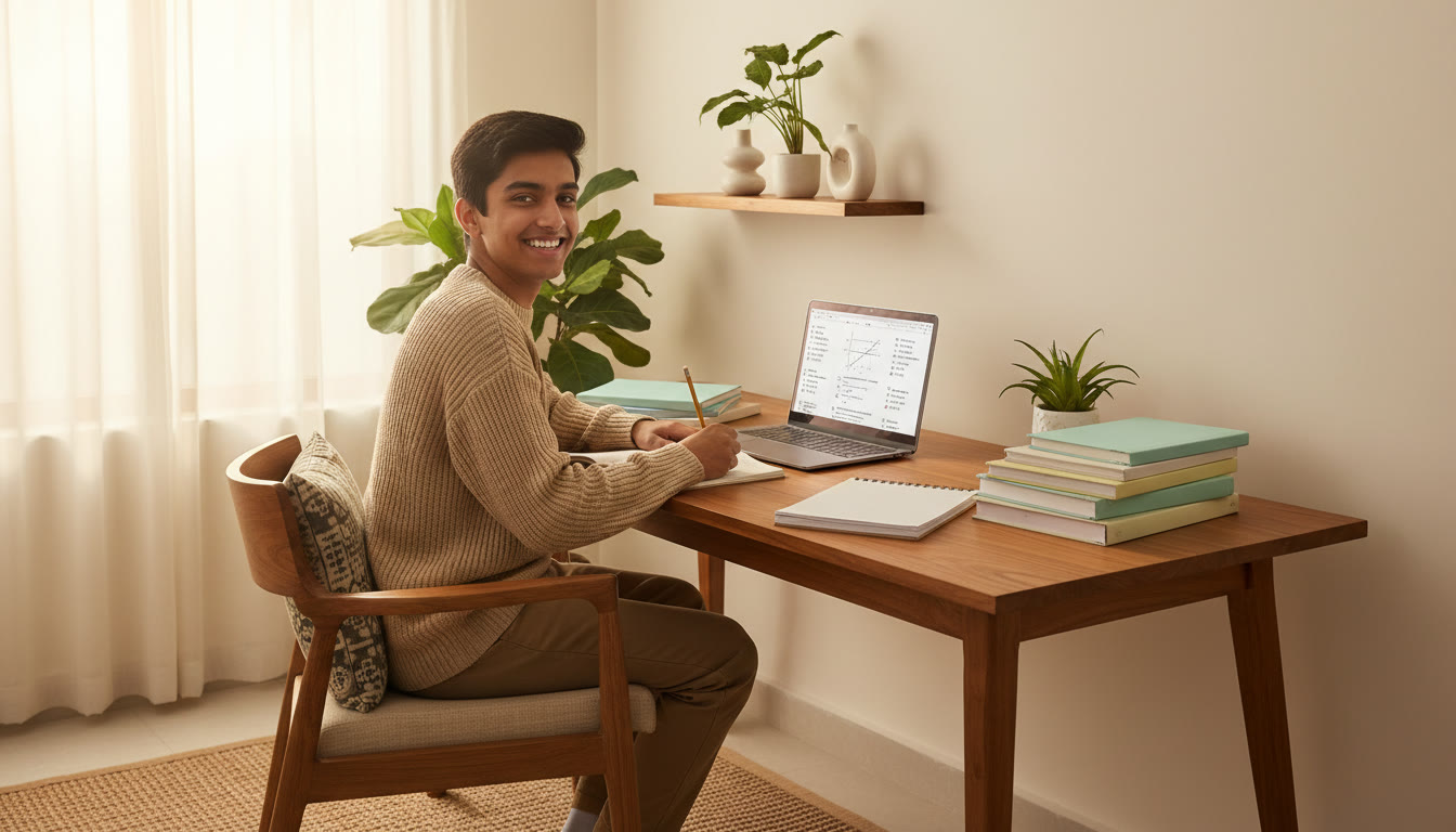 Photo Idea : A student at a tidy desk surrounded by CBSE textbooks, a notebook, and a laptop showing practice questions