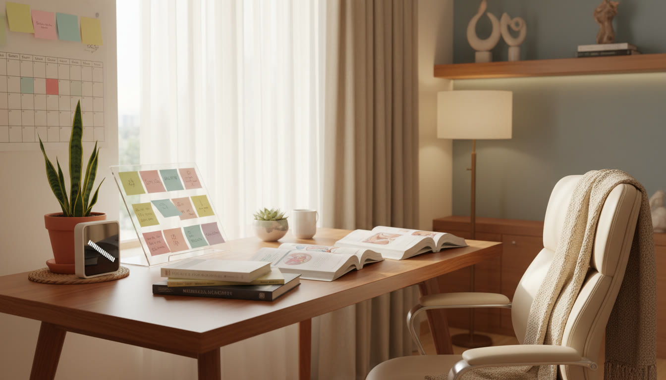 Photo Idea : student at a tidy desk, sticky notes and textbooks, a visible calendar and a running timer