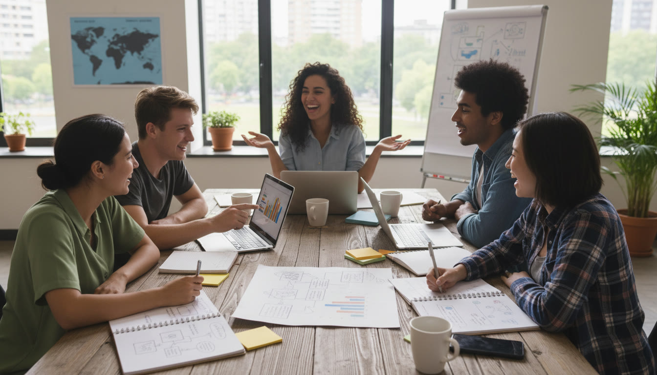Photo Idea : Students gathered around a table planning a community project, with notebooks and laptops visible