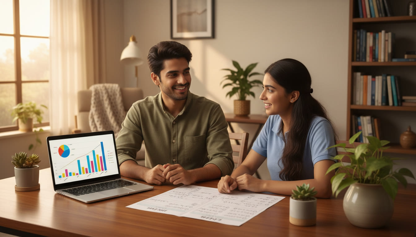 Photo Idea : A tutor and student working at a table with a mock test paper and a laptop showing performance charts.