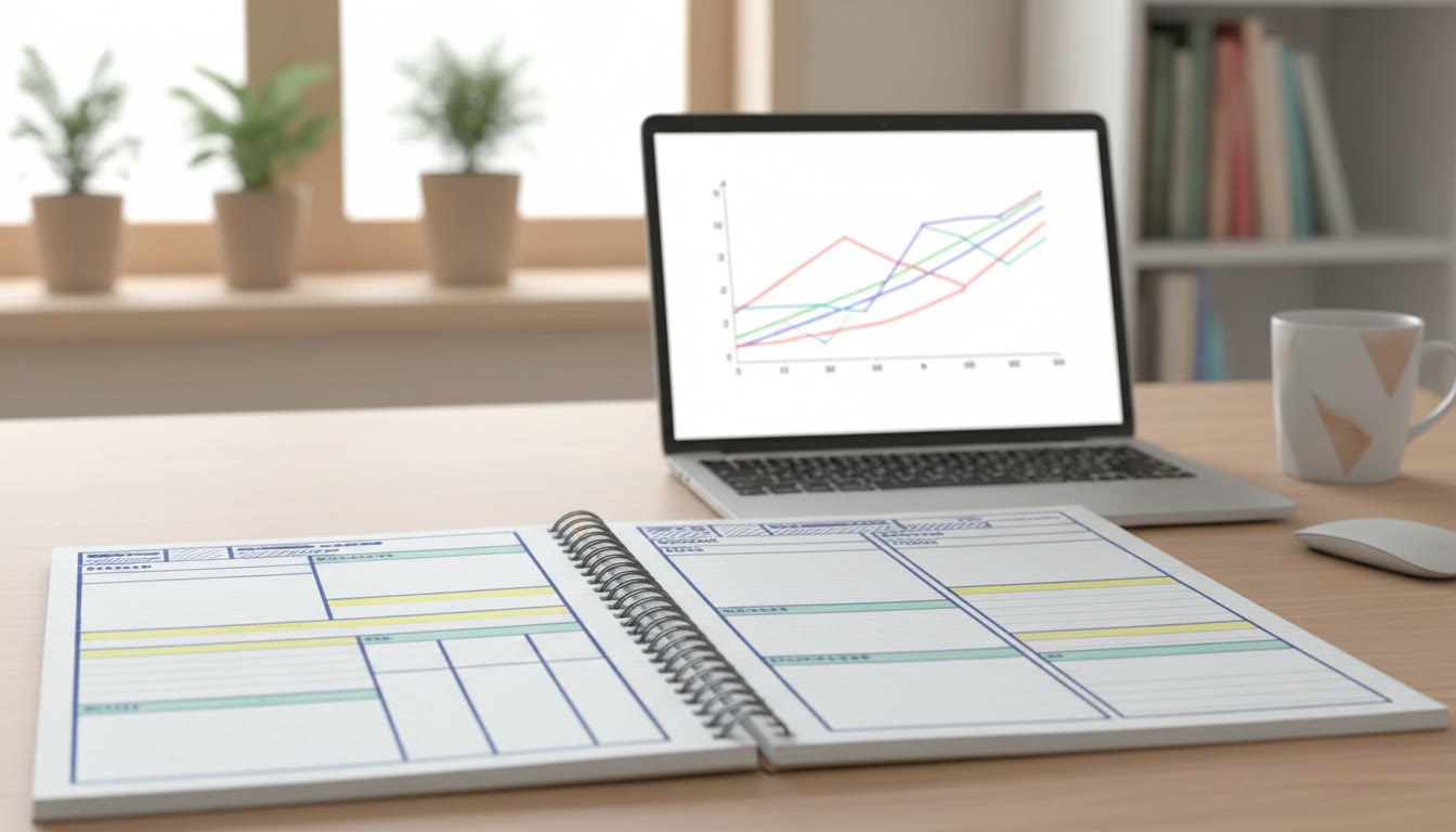 Photo Idea : Open notebook with clear headings, tidy tables, and a laptop screen showing a graph