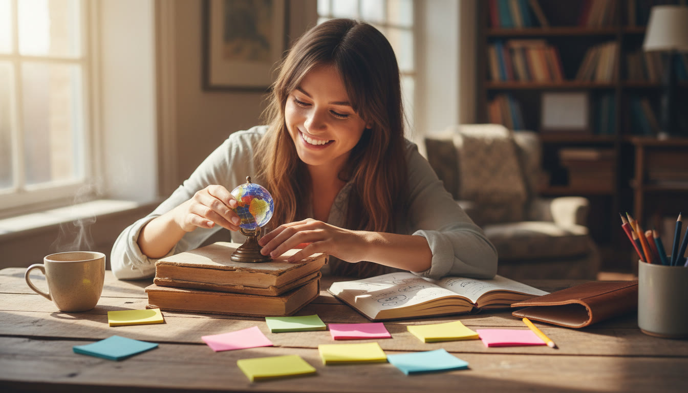 Photo Idea : A student arranging a small object on a table with sticky notes and a notebook, warm natural light