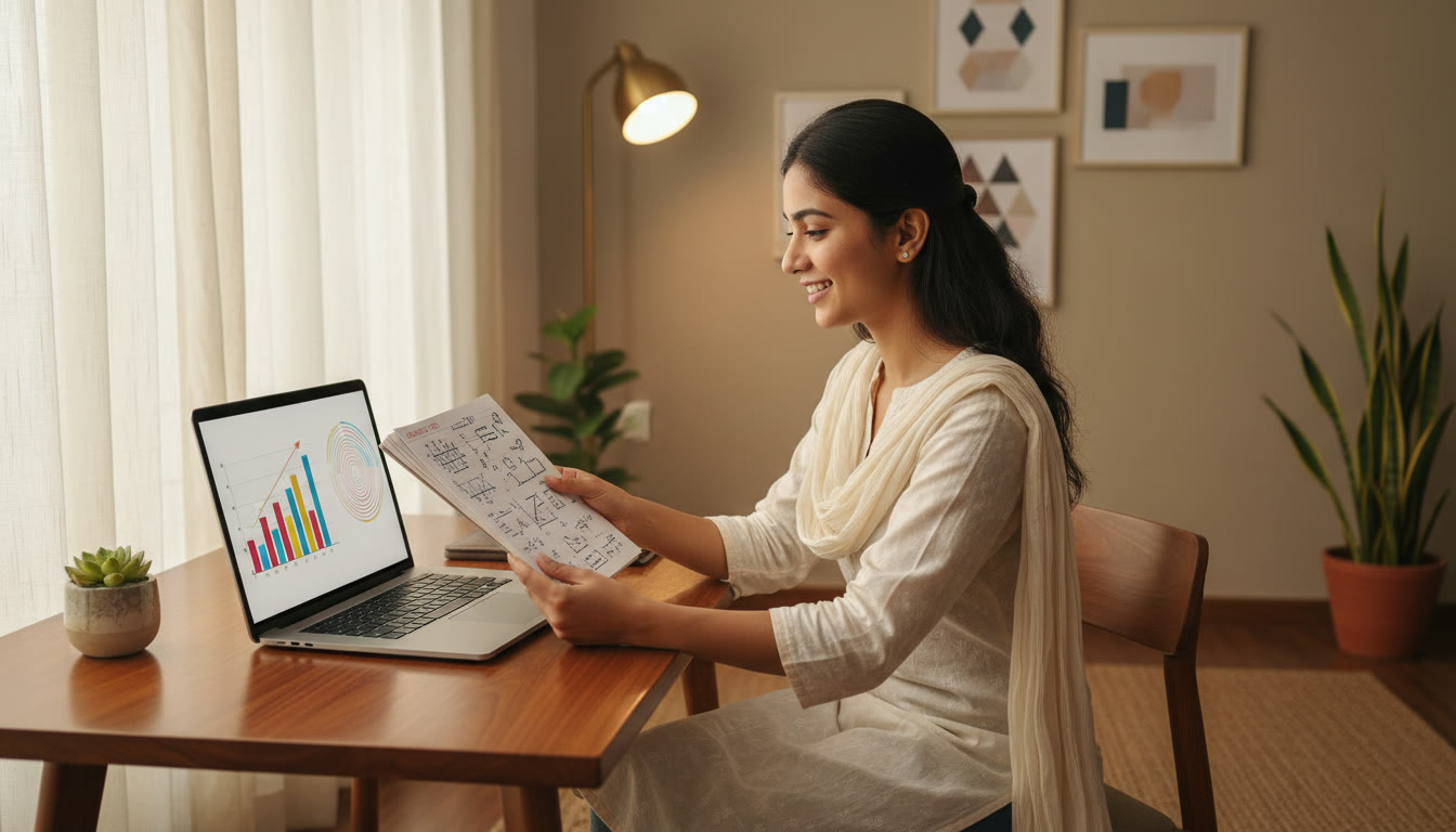 Photo Idea : A student reviewing an error-log notebook beside a laptop showing analytics