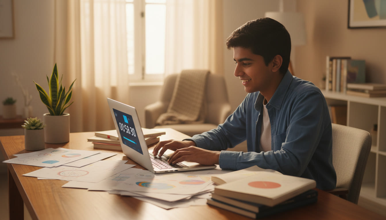 Photo Idea : Student focused at a laptop taking a timed full-length mock test with a visible countdown timer and scattered revision notes nearby