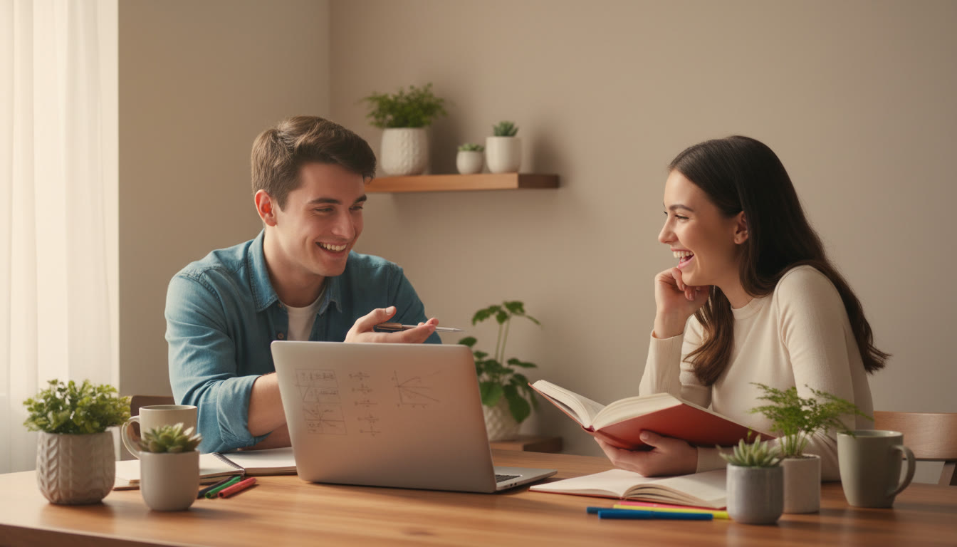 Photo Idea : Two students at a table teaching each other a difficult math concept with a laptop open to a problem set