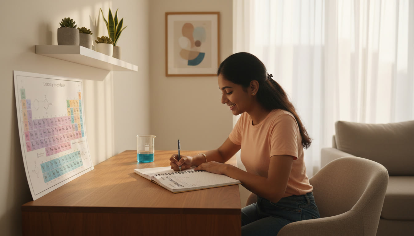 Photo Idea : Student at a tidy desk solving a chemistry sample paper with a periodic table and a glass beaker nearby