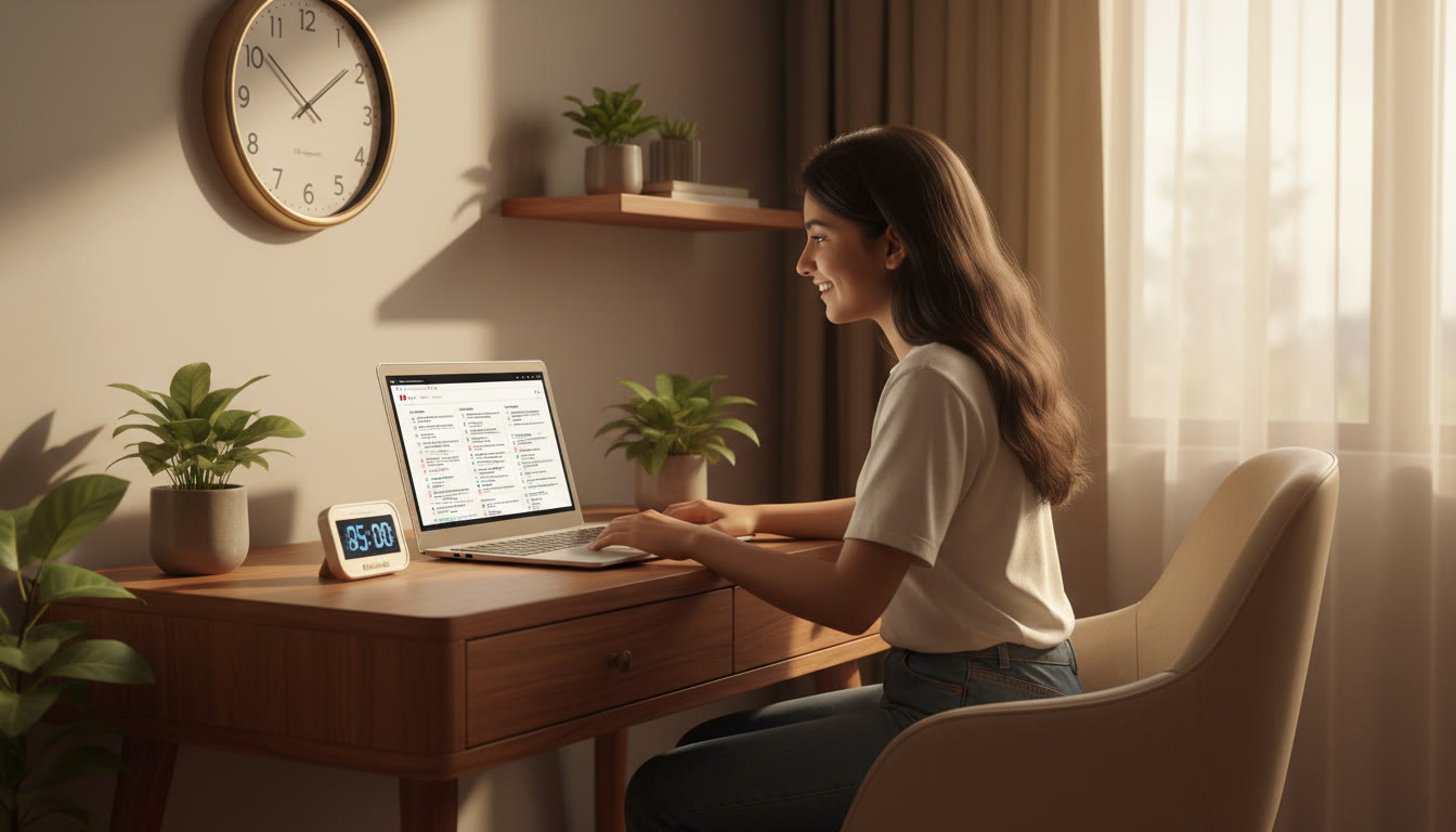 Photo Idea : Focused student taking a full-length mock test on a laptop with clock and stopwatch visible