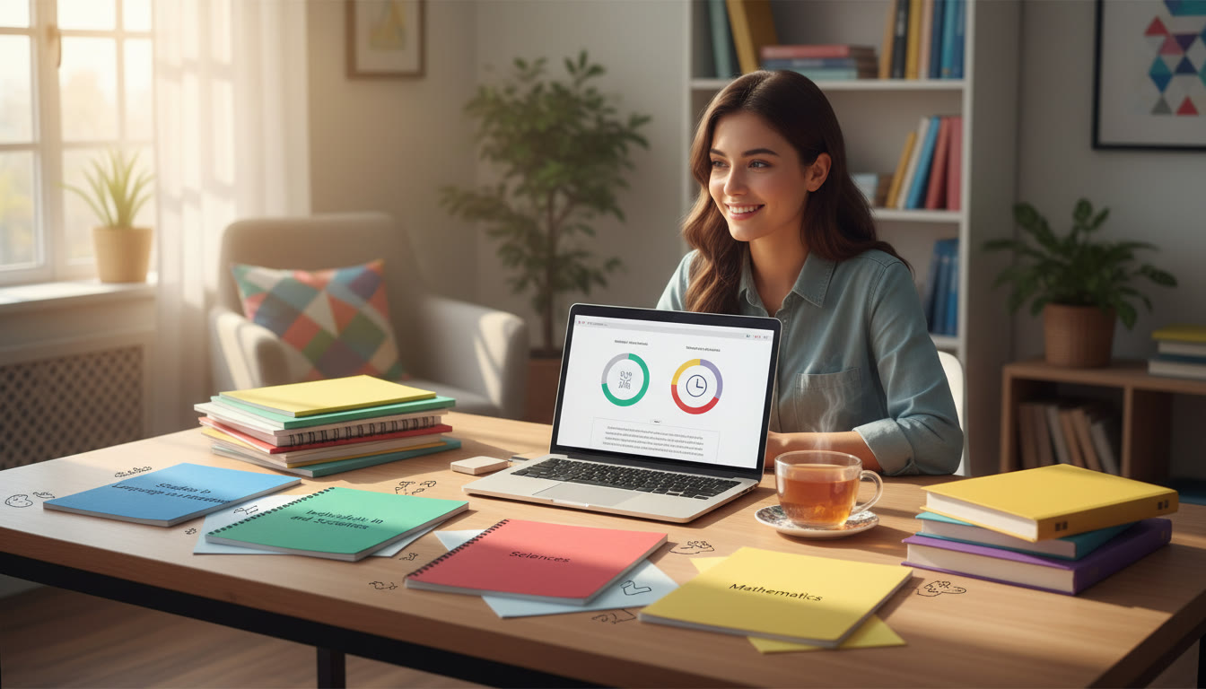 Photo Idea : A student at a tidy desk surrounded by color-coded notes, a laptop with study timers, and a cup of tea in morning light