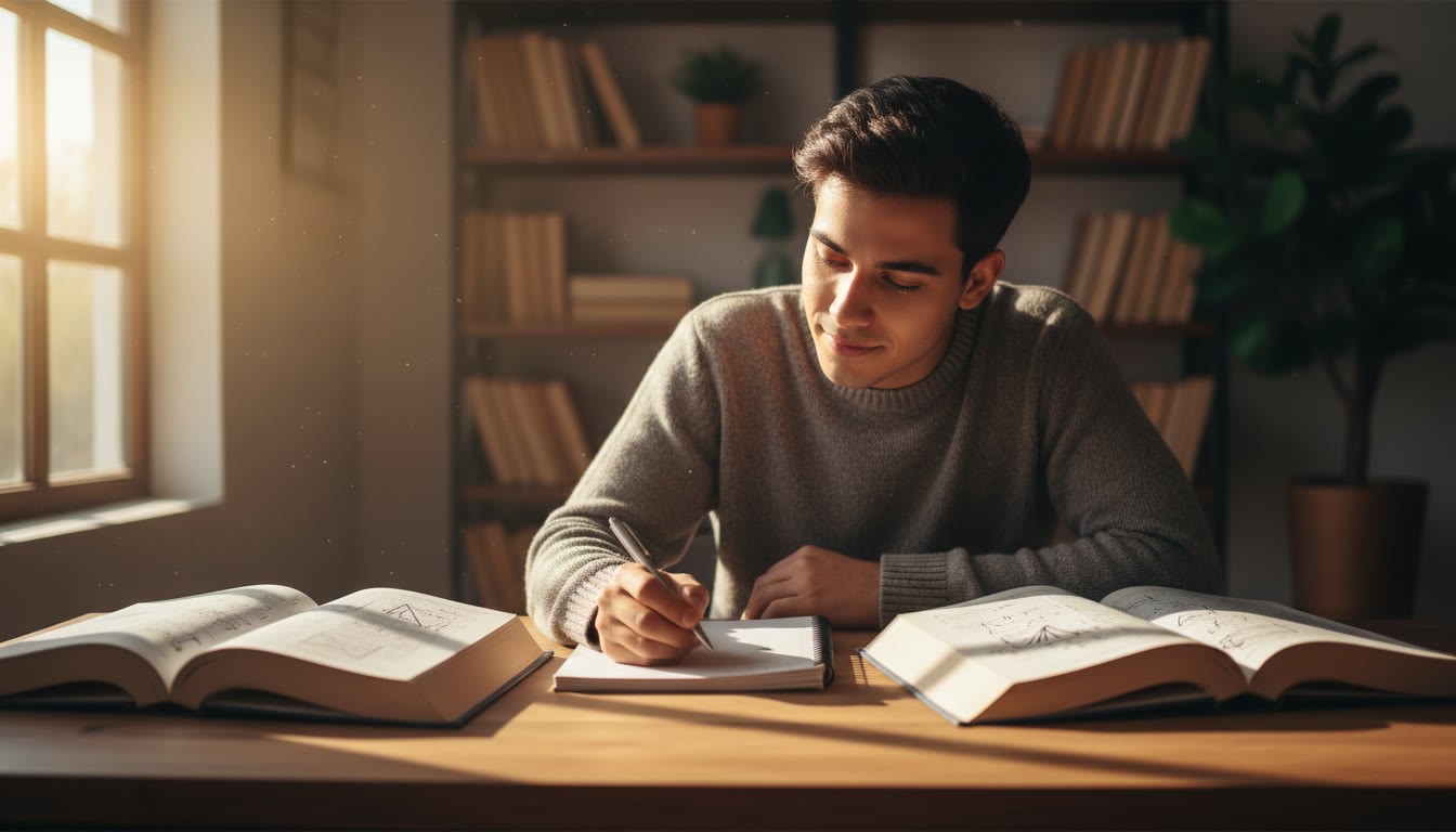 Photo Idea : A thoughtful student at a desk with open textbooks and a notebook, sunlight falling across the page