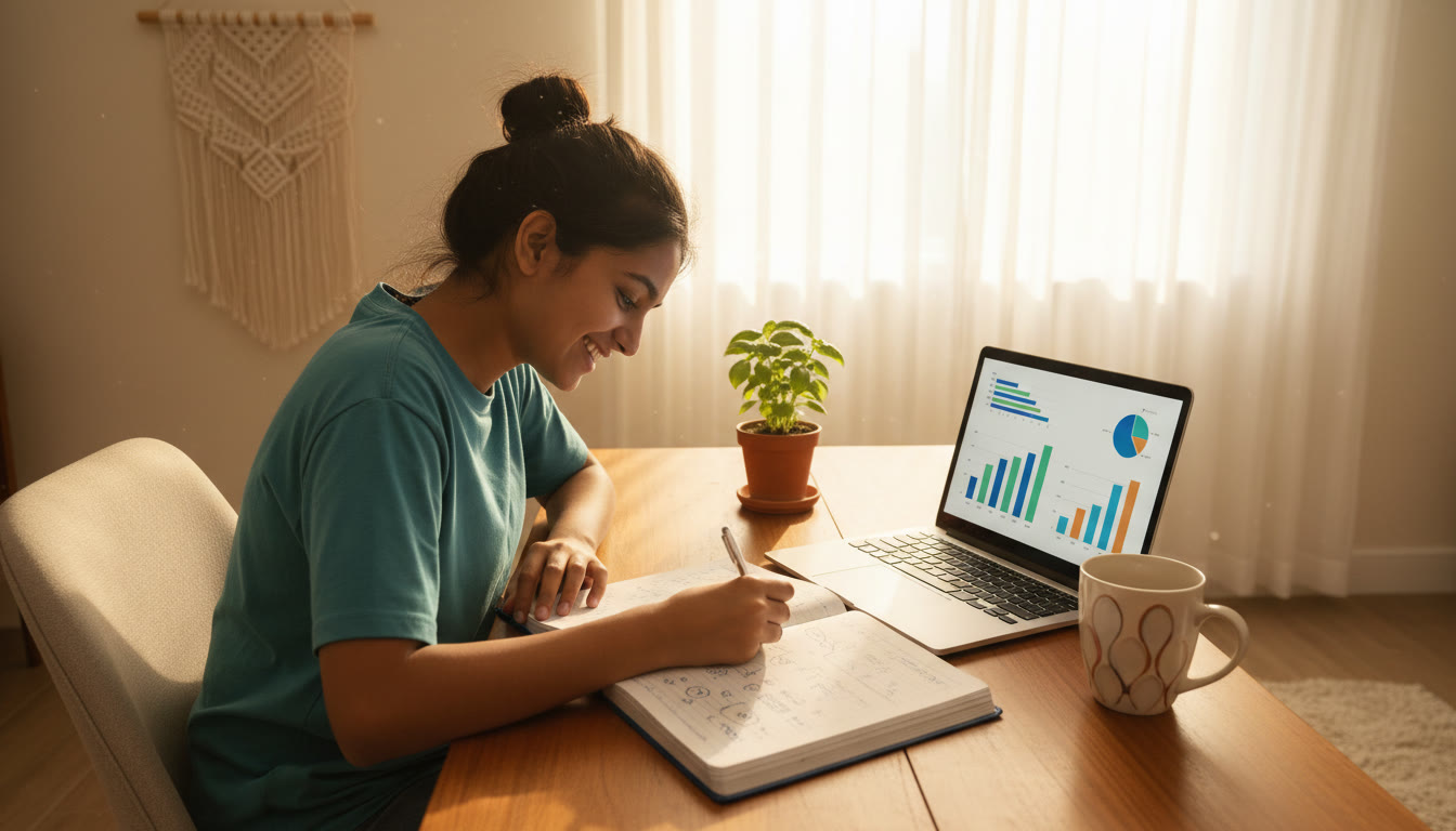 Photo Idea : A focused student writing in an error-log notebook beside a laptop showing test analytics