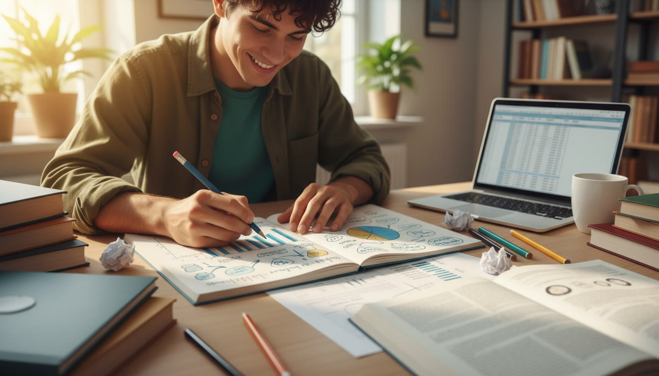 Photo Idea : Close-up of a student creating charts and notes for an analysis report