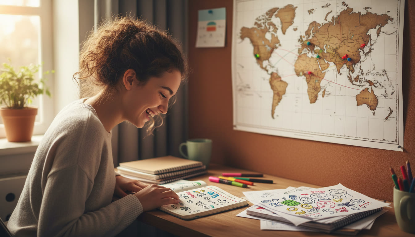 Photo Idea : Student at a desk with an open planner, IB notes, and a world map pinned above