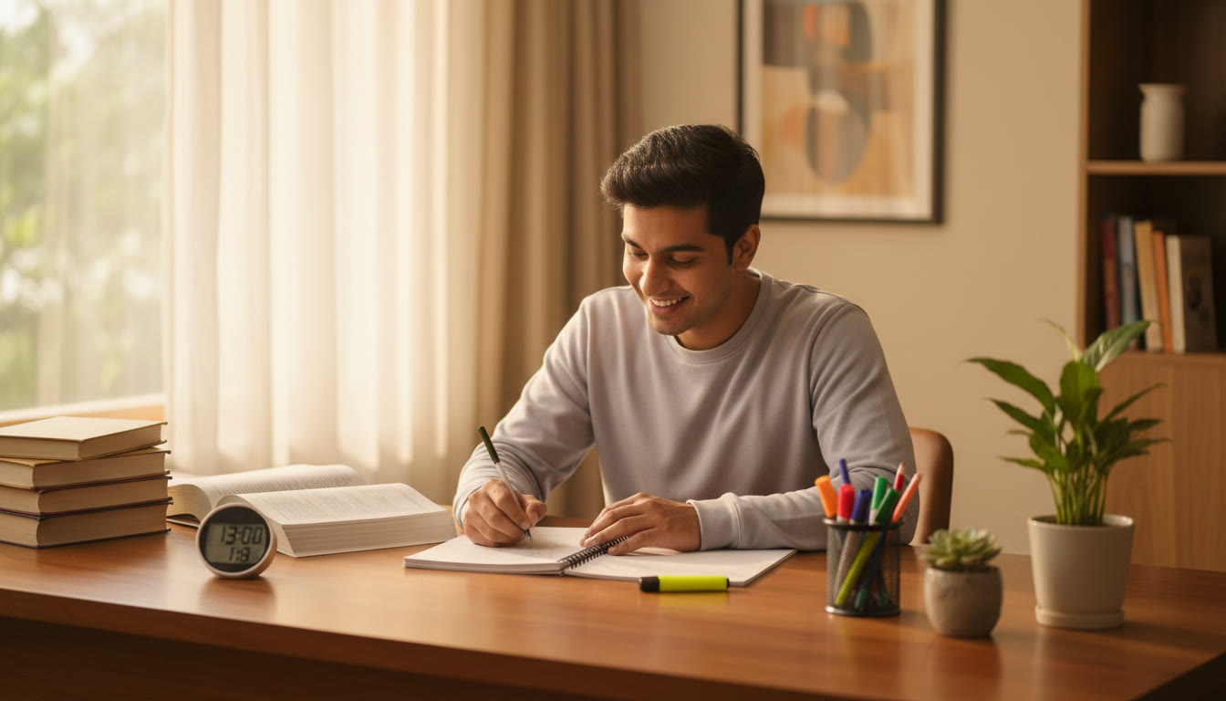 Photo Idea : A focused student at a tidy desk with textbooks, a timer, and color-coded notes