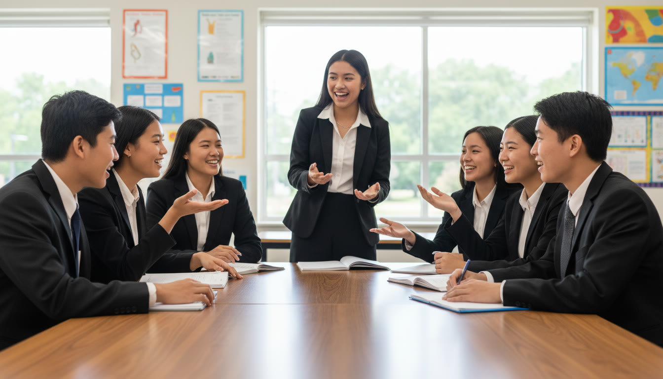 Photo Idea : A lively classroom scene with a group of students in formal attire practicing debate motions around a table